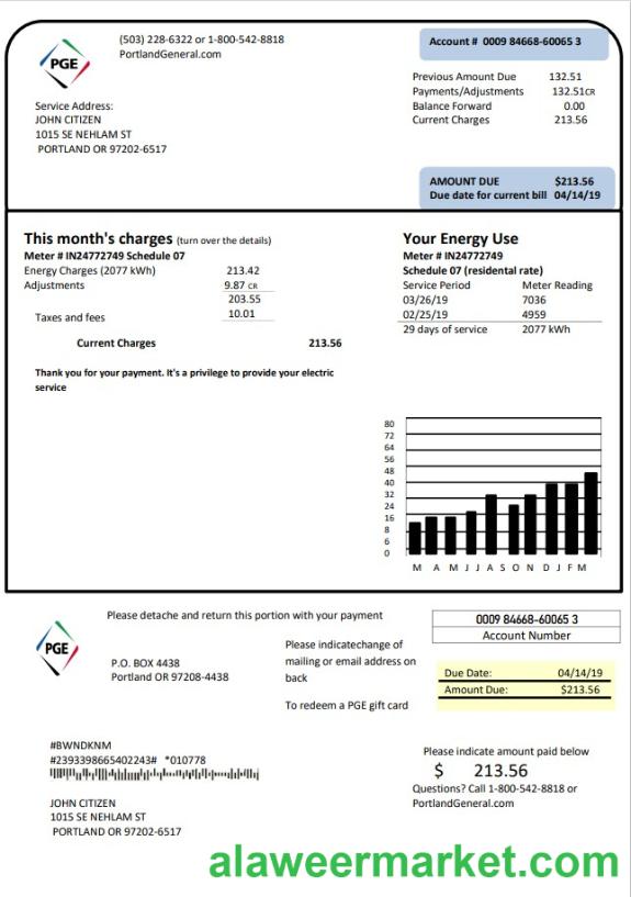 USA Oregon PGE electricity utility bill template in Word and PDF format